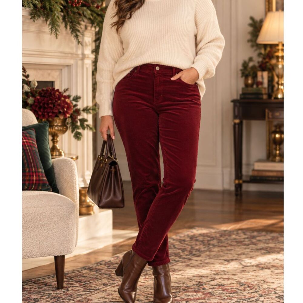 New York & Company Sz14 Burgundy Velvet High Rise Skinny Pants Heritage Prep